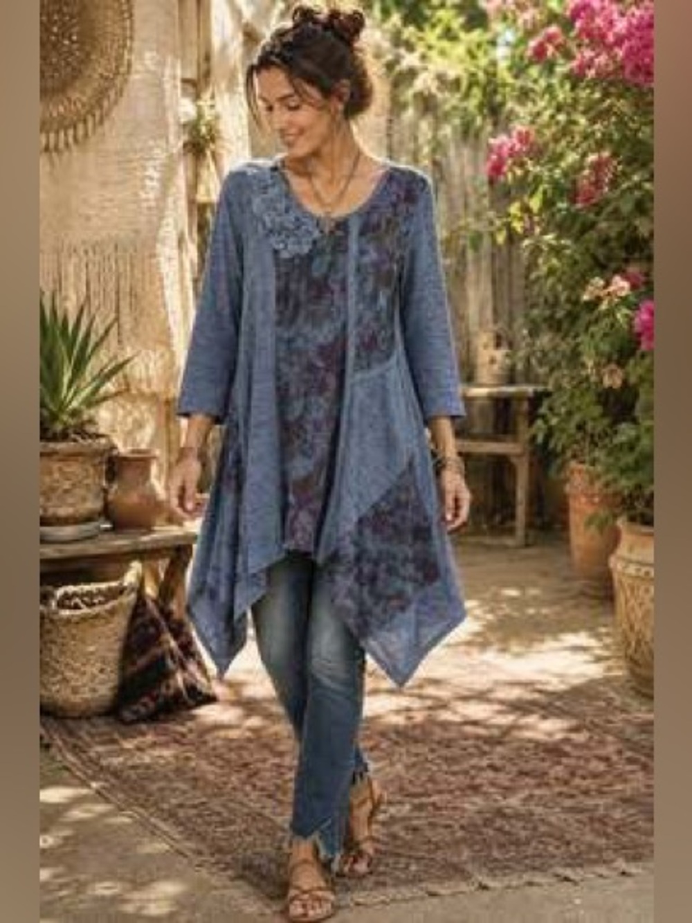 Pretty Angel blue asymmetrical tunic top, charming cluster of fabric flowers